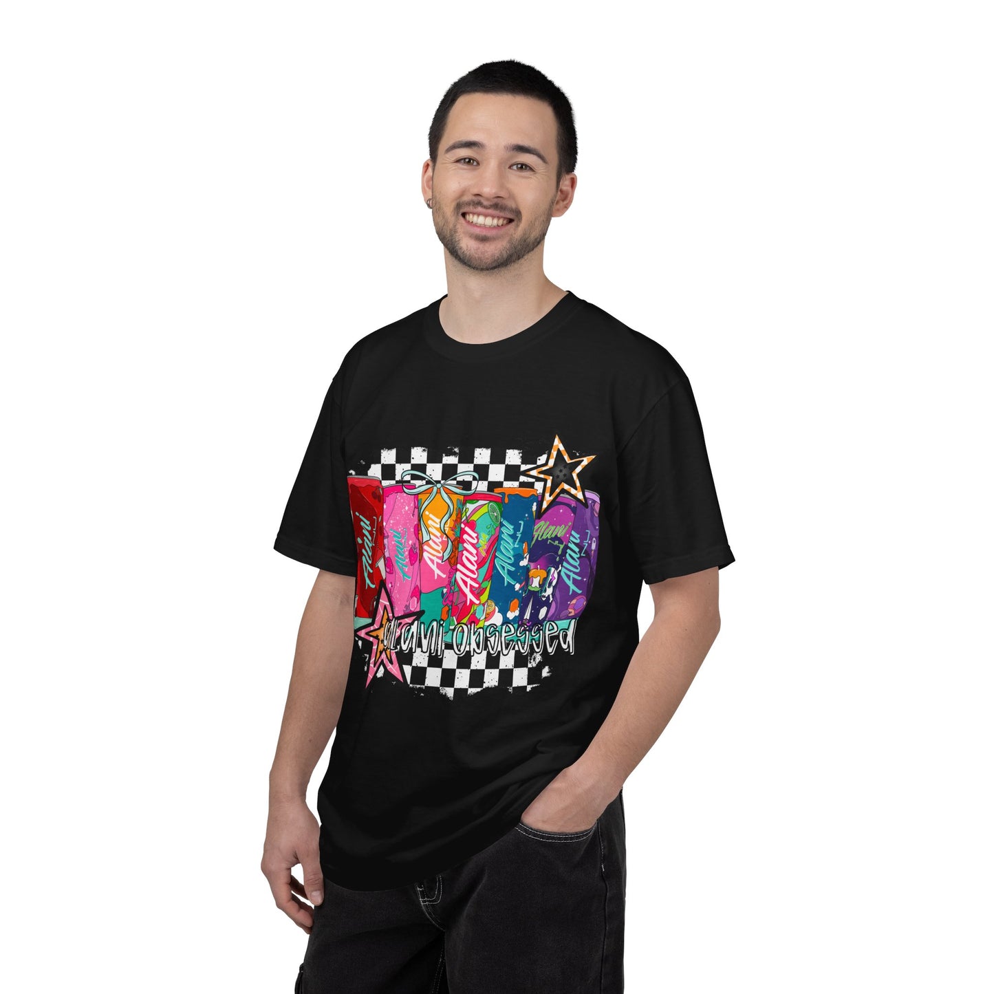 Retro Soda Can Graphic T-Shirt — Colorful Checkered Pop Art Tee