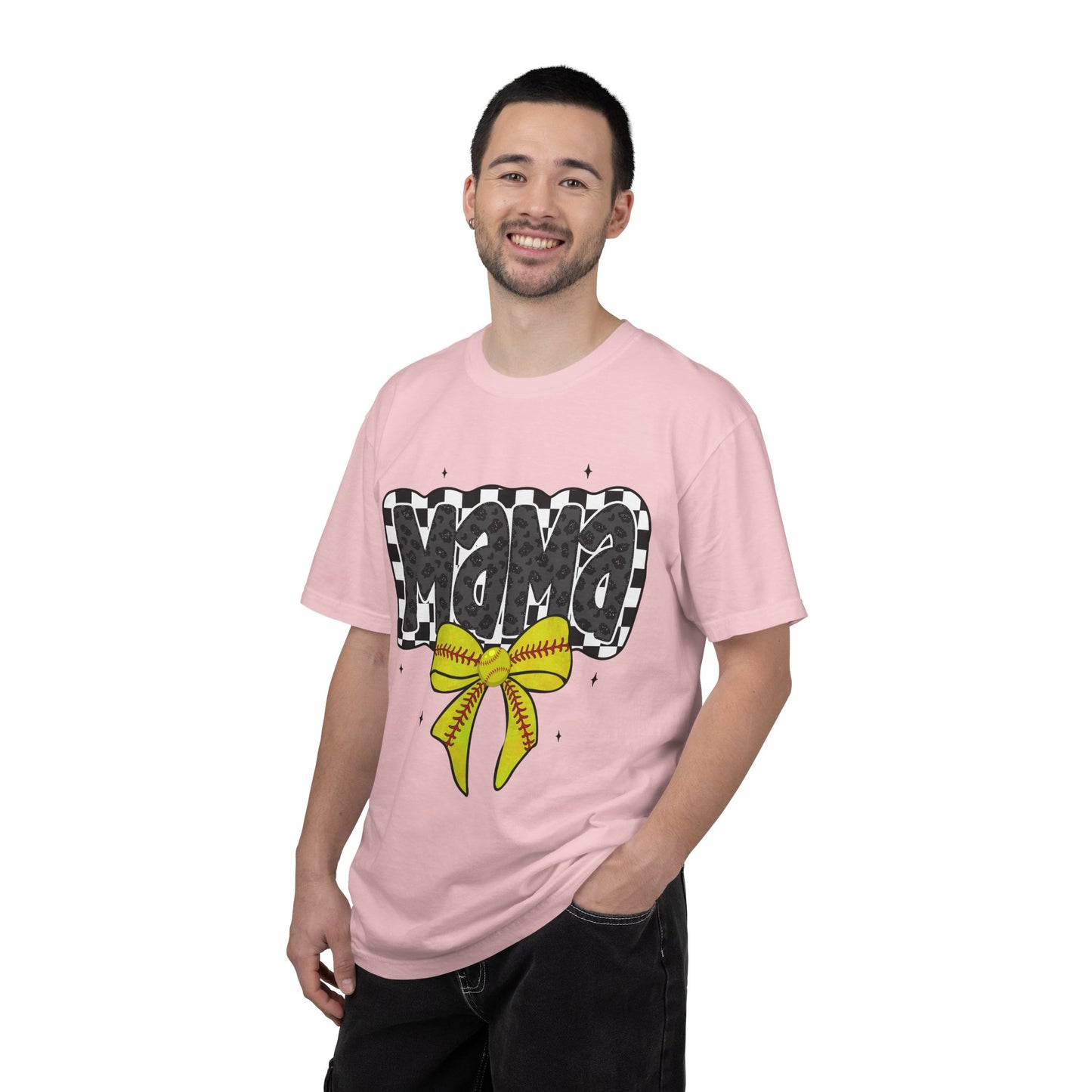Mama Softball Mom T-Shirt — Checkerboard Script with Yellow Softball Bow