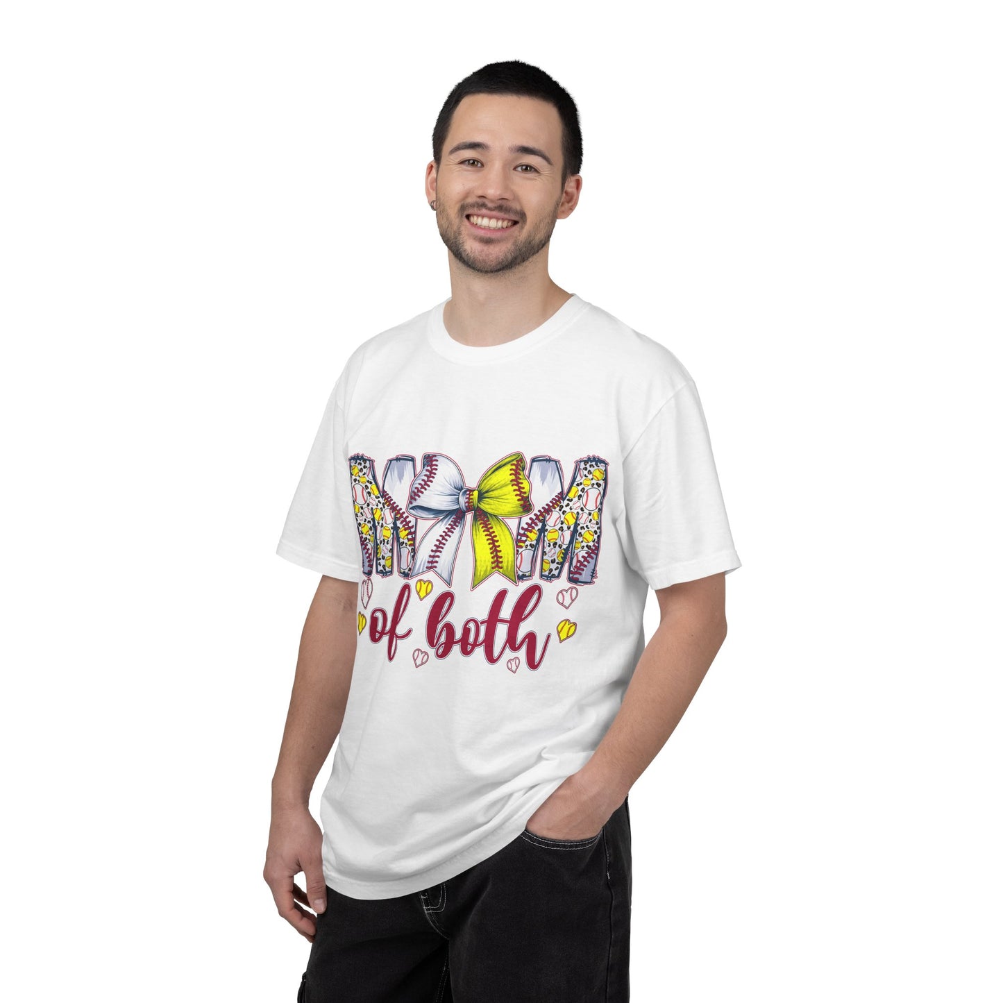 Mom of Both T-Shirt — Softball & Baseball Mom Tee with Floral Letters & Bow