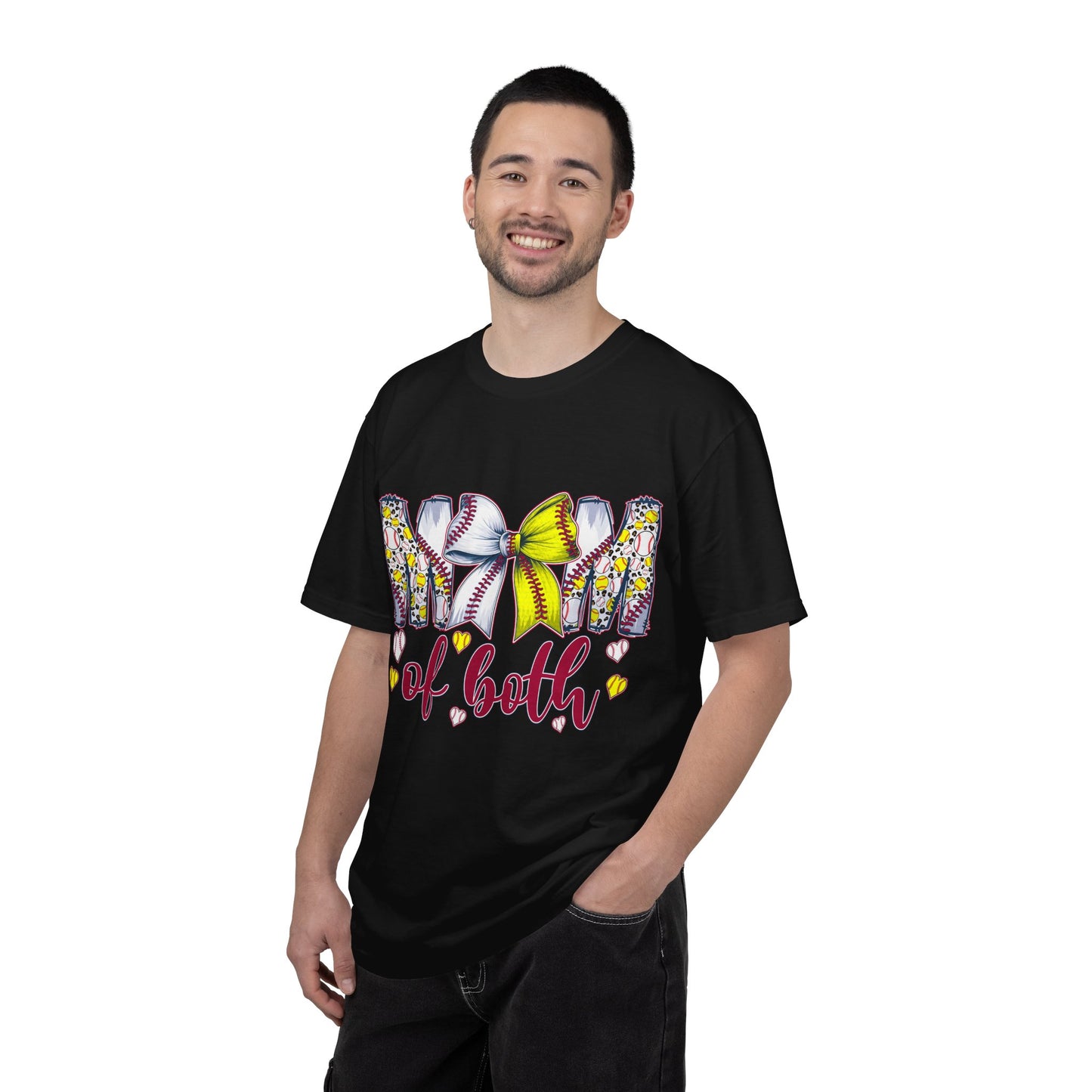Mom of Both T-Shirt — Softball & Baseball Mom Tee with Floral Letters & Bow