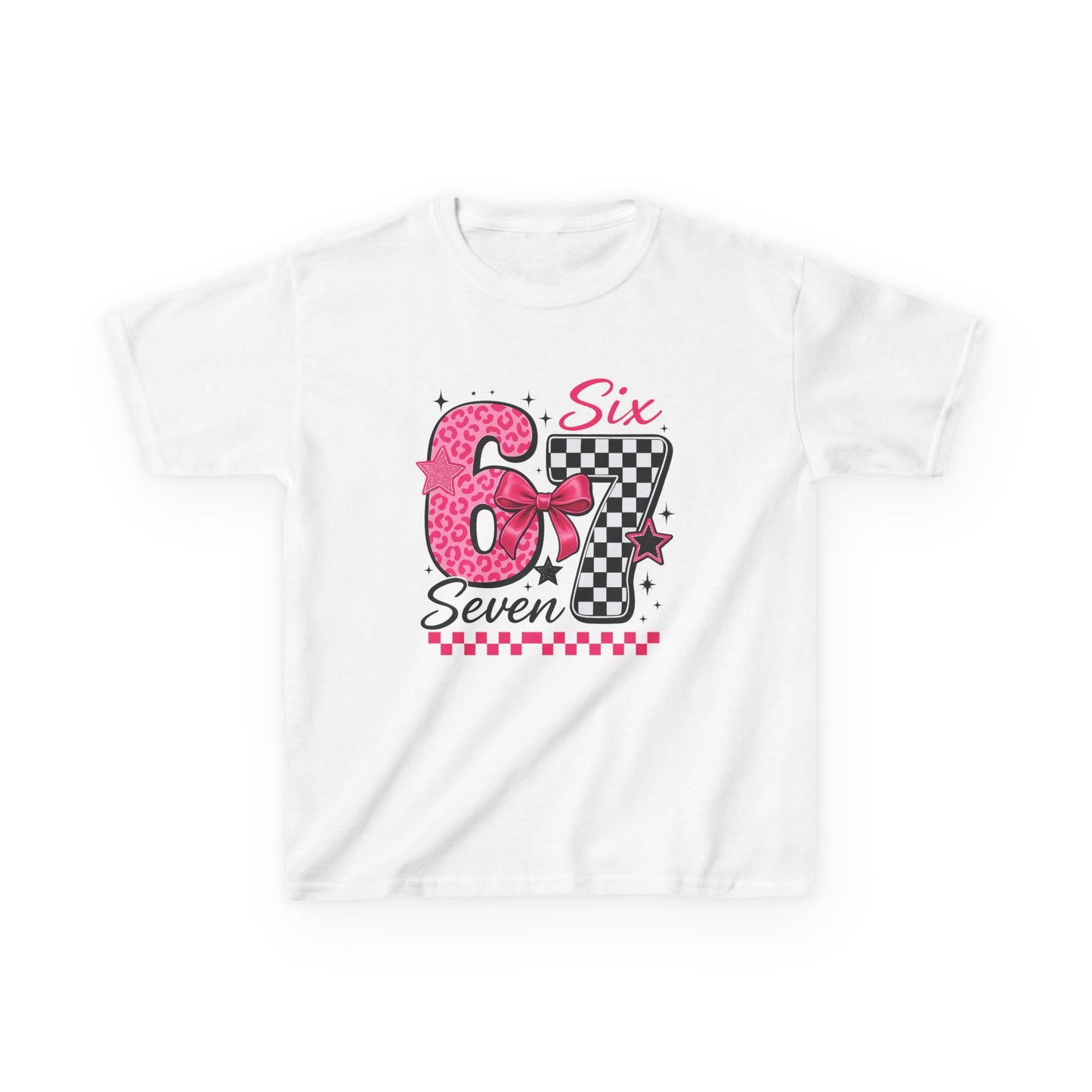 Kids 6-7 Tee — Pink Leopard & Checkered Number Graphic