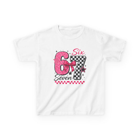 Kids 6-7 Tee — Pink Leopard & Checkered Number Graphic