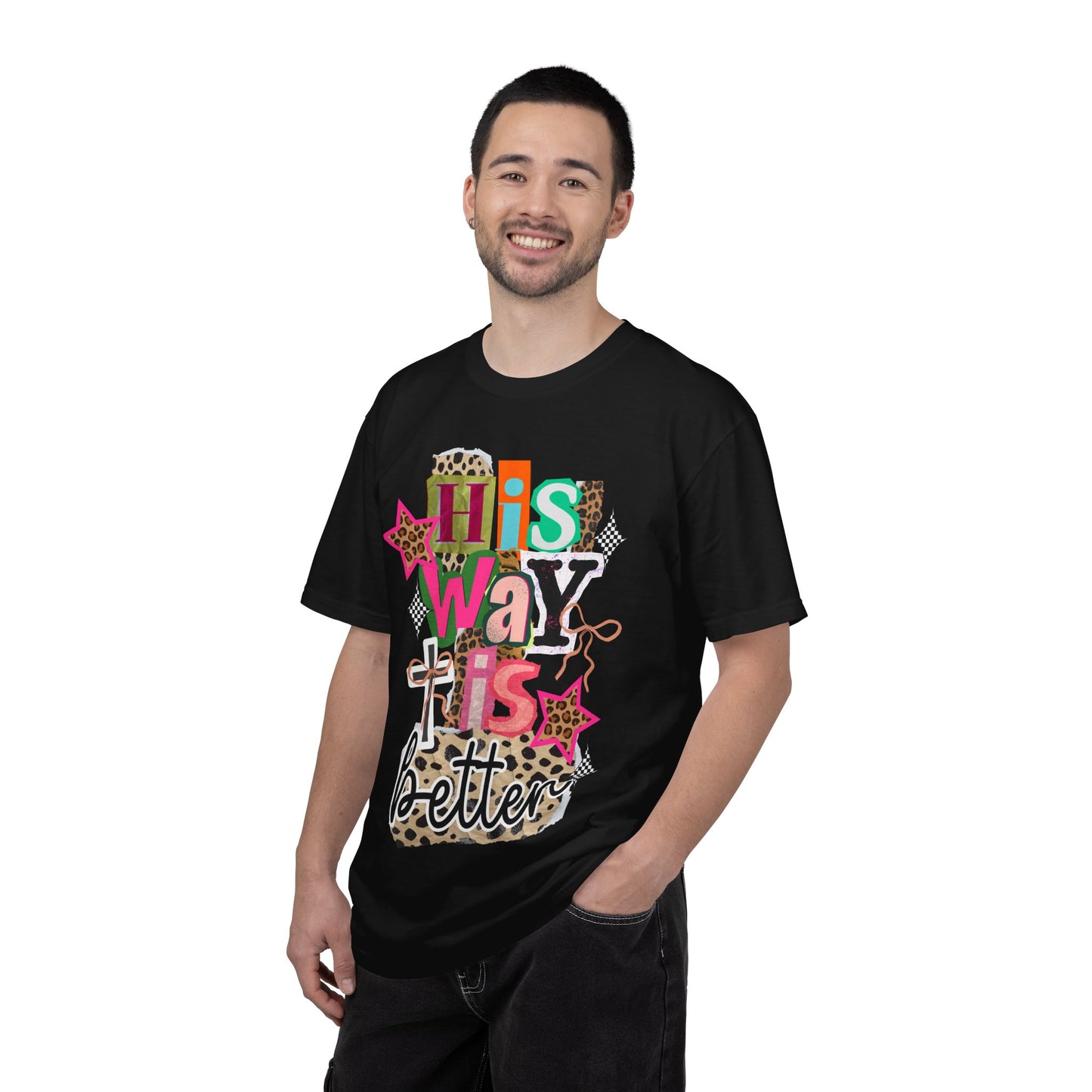 T‑Shirt — "His Way is Better" Colorful Leopard Cross Faith Graphic