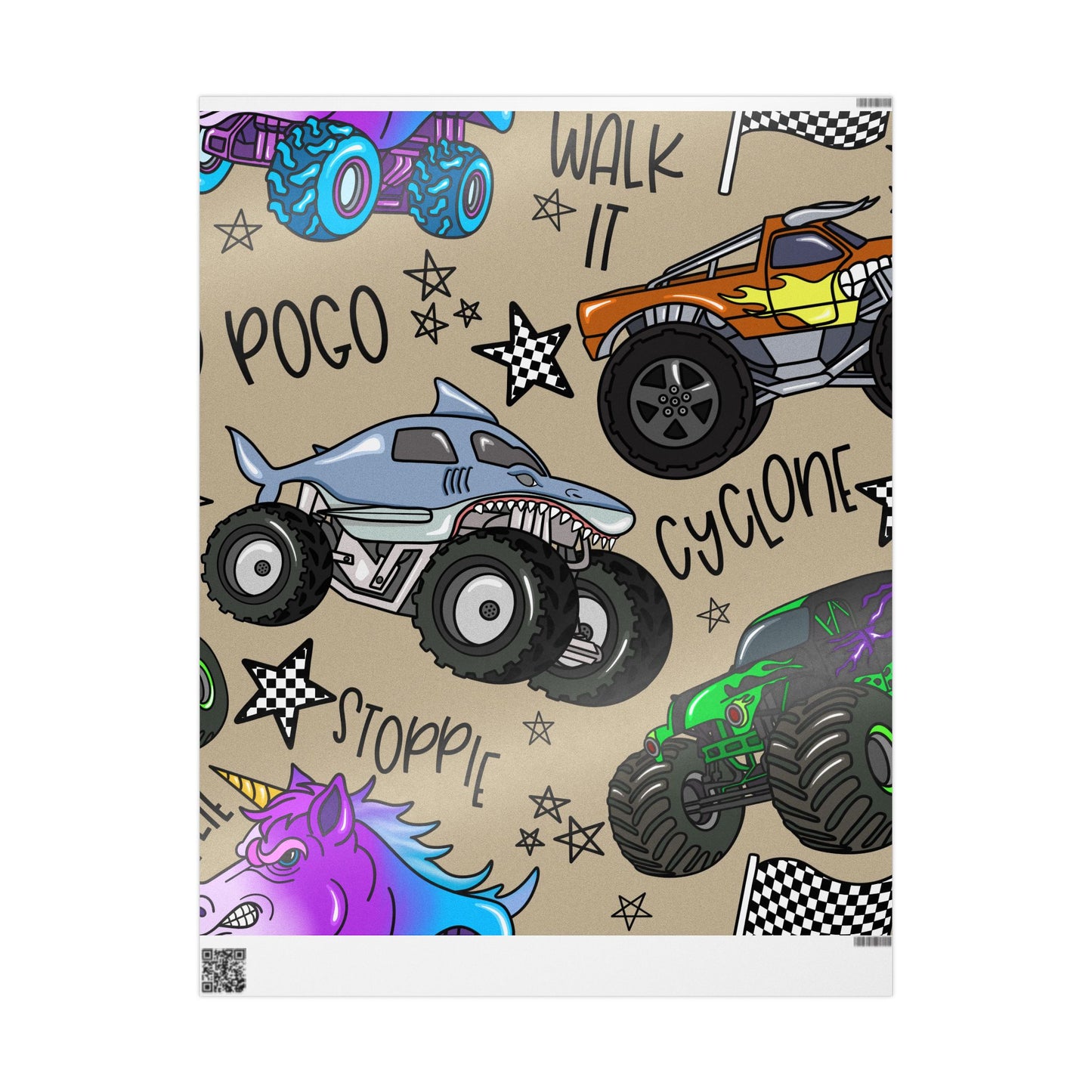 Monster Truck Pattern Wrapping Paper | Kids Birthday Party Wrap, Racing Trucks Print