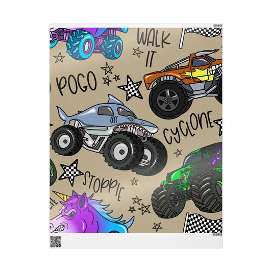 Monster Truck Pattern Wrapping Paper | Kids Birthday Party Wrap, Racing Trucks Print