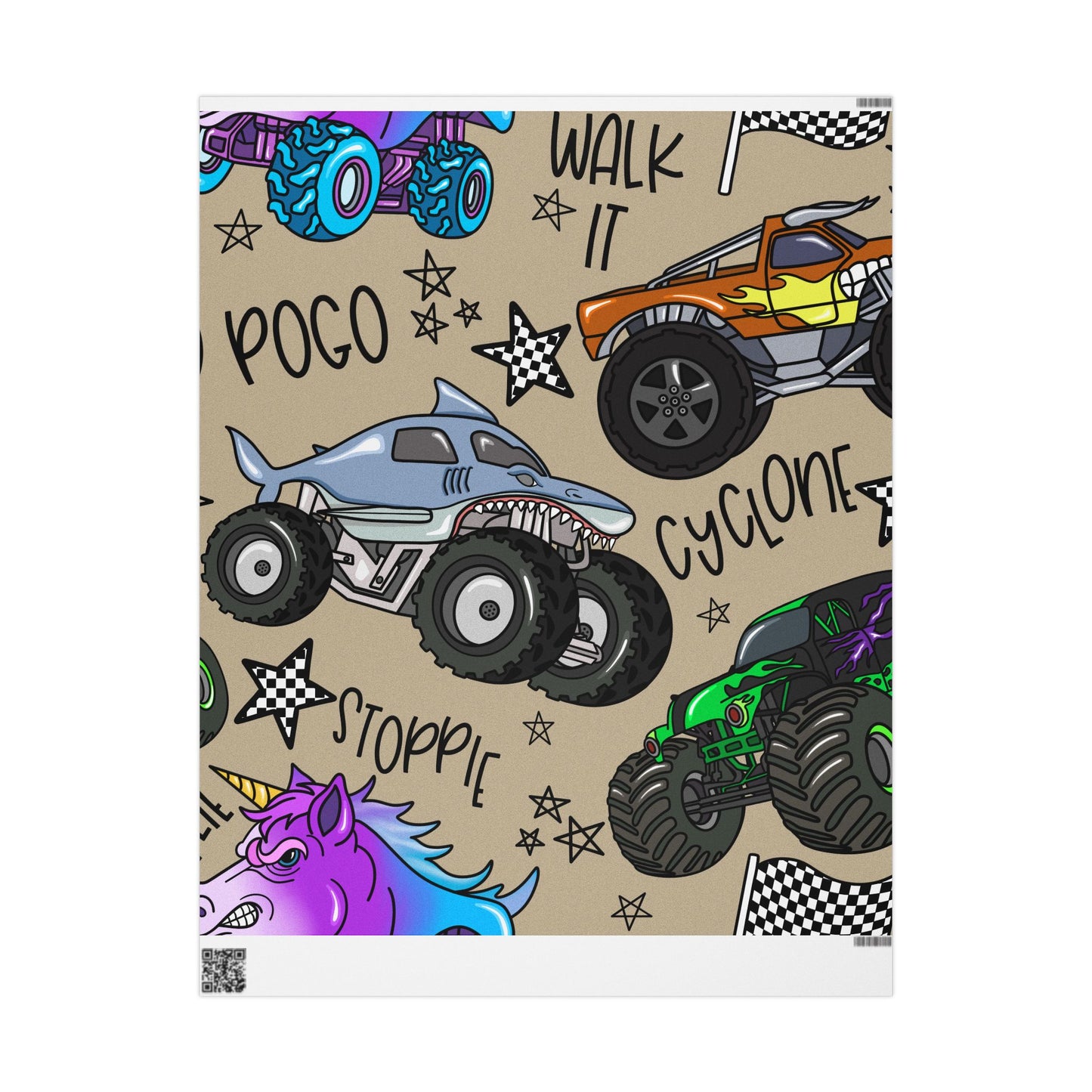 Monster Truck Pattern Wrapping Paper | Kids Birthday Party Wrap, Racing Trucks Print