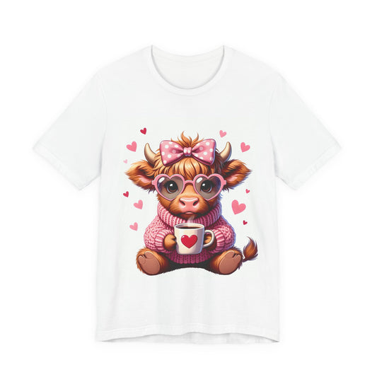 Cute Highland Cow Holding Heart Mug Tee | Valentine Cow Illustration