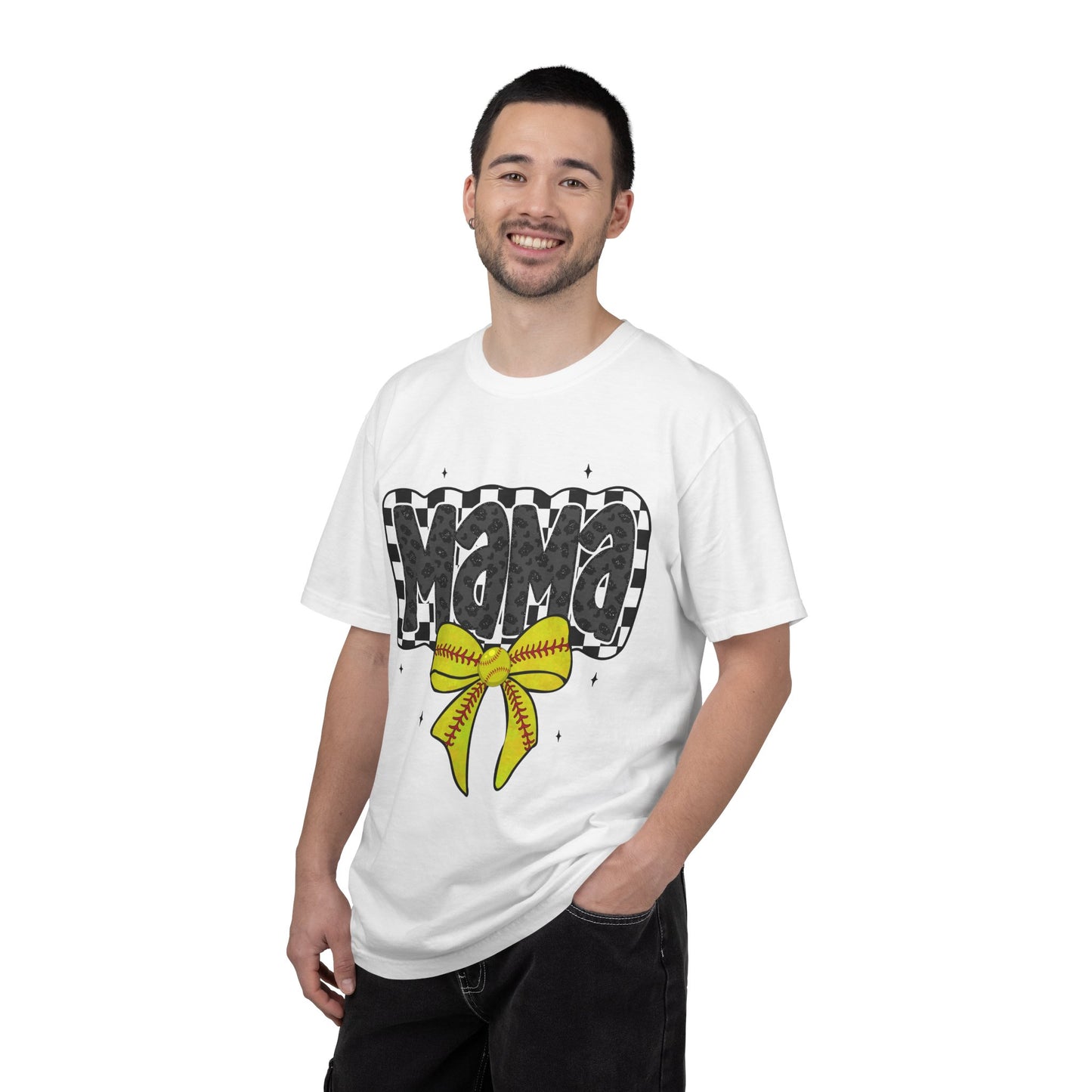 Mama Softball Mom T-Shirt — Checkerboard Script with Yellow Softball Bow