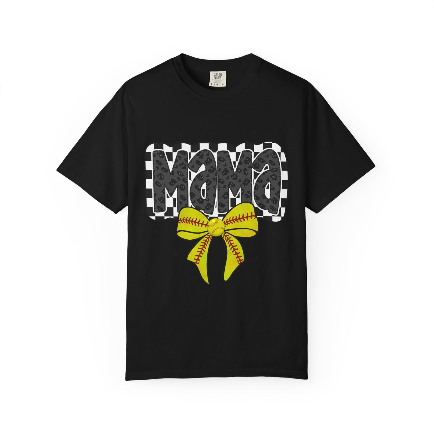 Mama Softball Mom T-Shirt — Checkerboard Script with Yellow Softball Bow