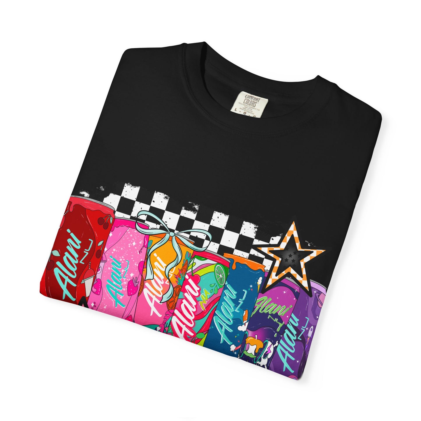 Retro Soda Can Graphic T-Shirt — Colorful Checkered Pop Art Tee