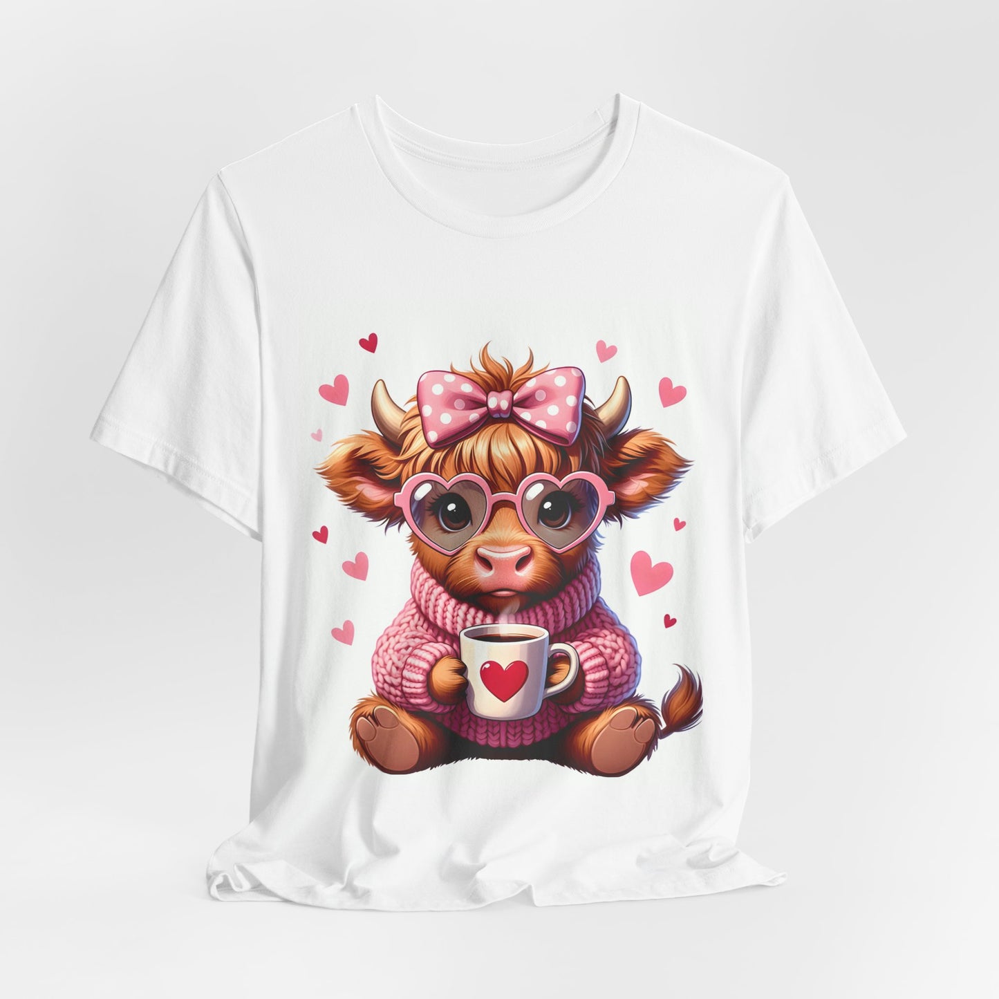 Cute Highland Cow Holding Heart Mug Tee | Valentine Cow Illustration