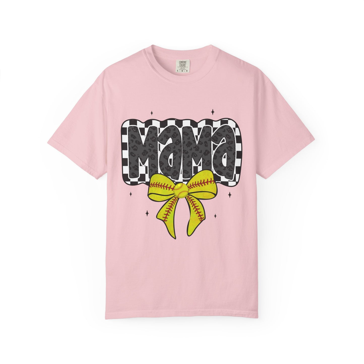 Mama Softball Mom T-Shirt — Checkerboard Script with Yellow Softball Bow