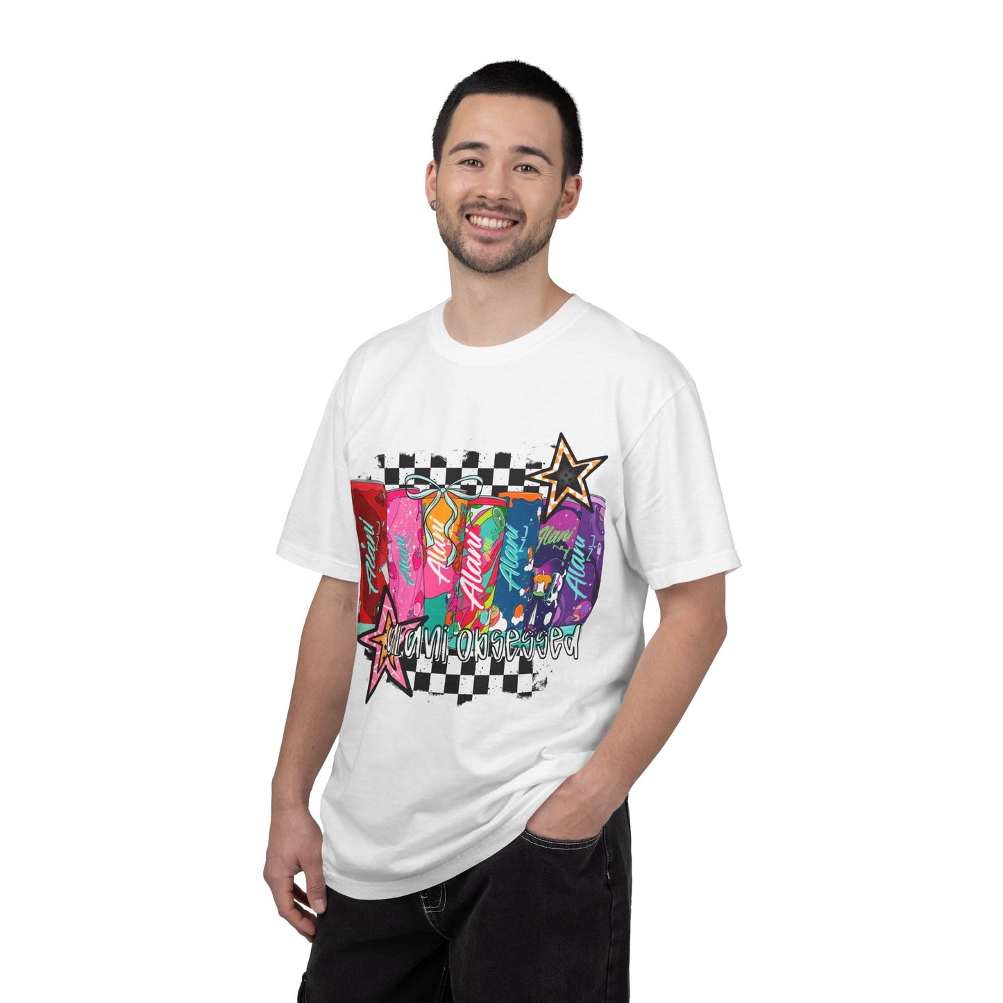 Retro Soda Can Graphic T-Shirt — Colorful Checkered Pop Art Tee