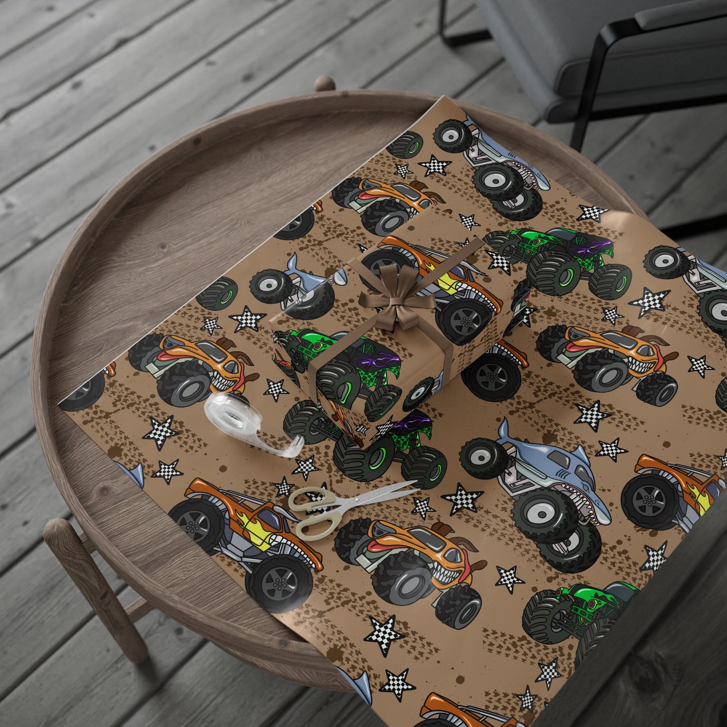 Monster Truck Wrapping Paper – Kids’ Brown Off‑Road Gift Wrap