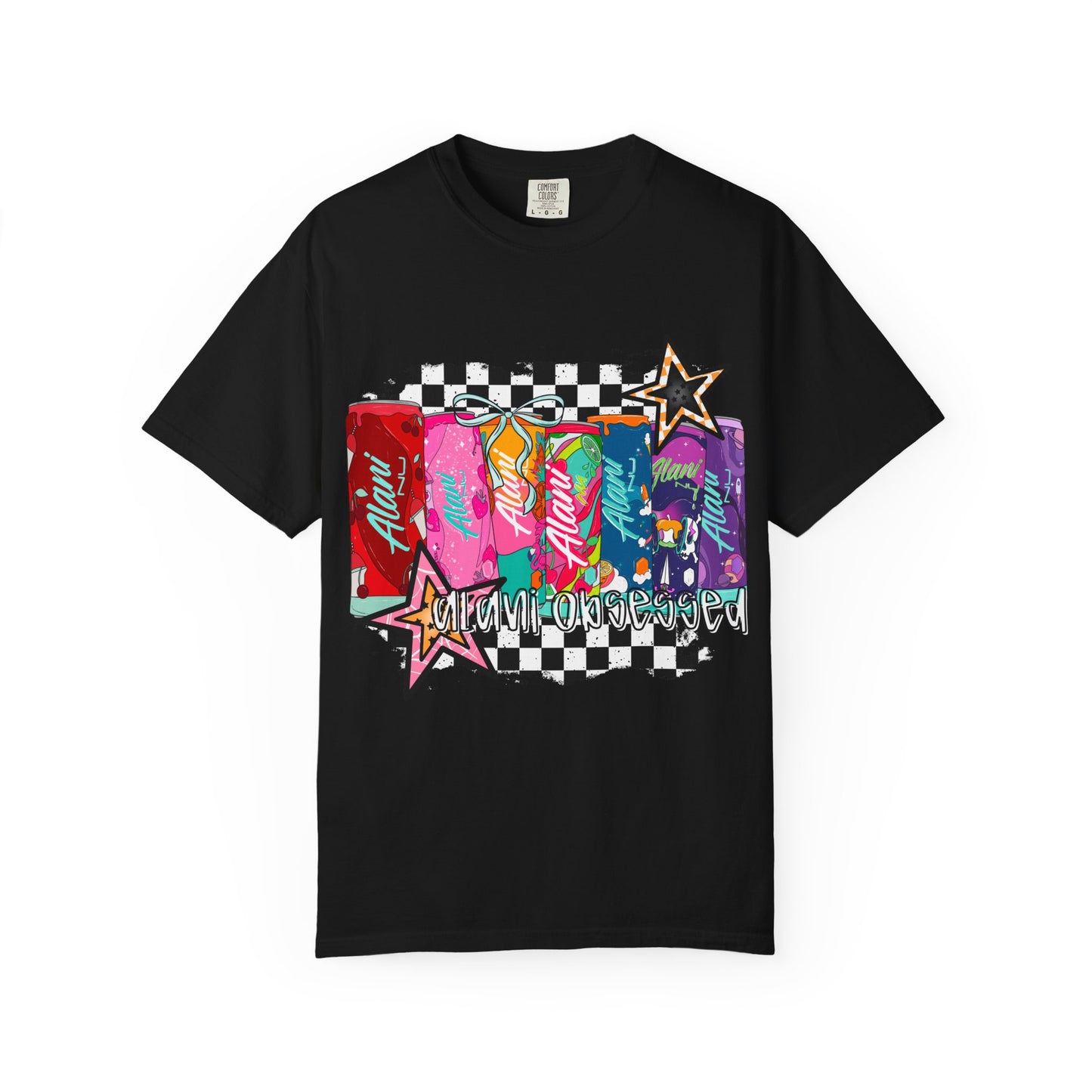Retro Soda Can Graphic T-Shirt — Colorful Checkered Pop Art Tee