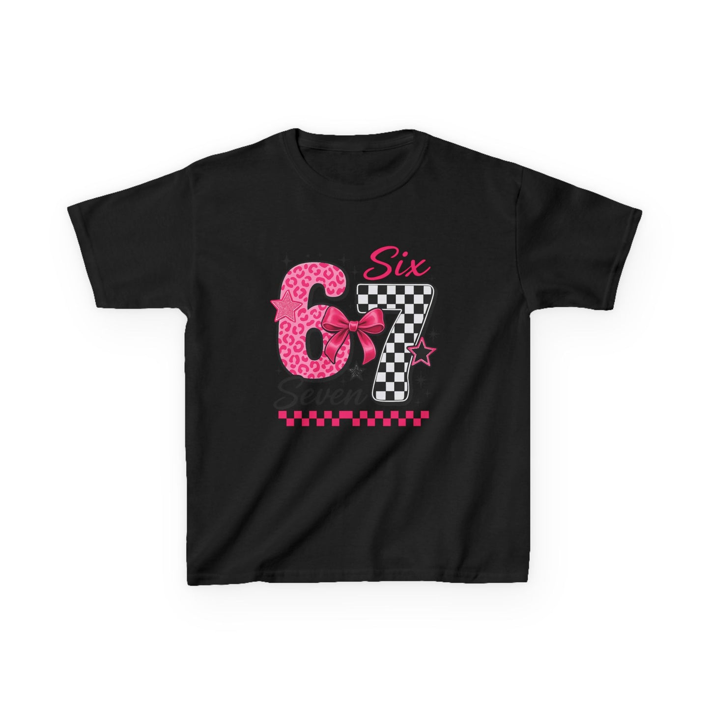 Kids 6-7 Tee — Pink Leopard & Checkered Number Graphic