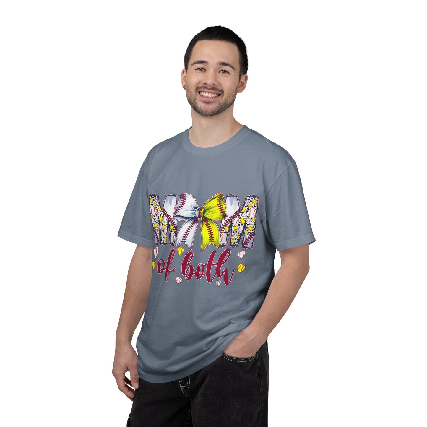Mom of Both T-Shirt — Softball & Baseball Mom Tee with Floral Letters & Bow