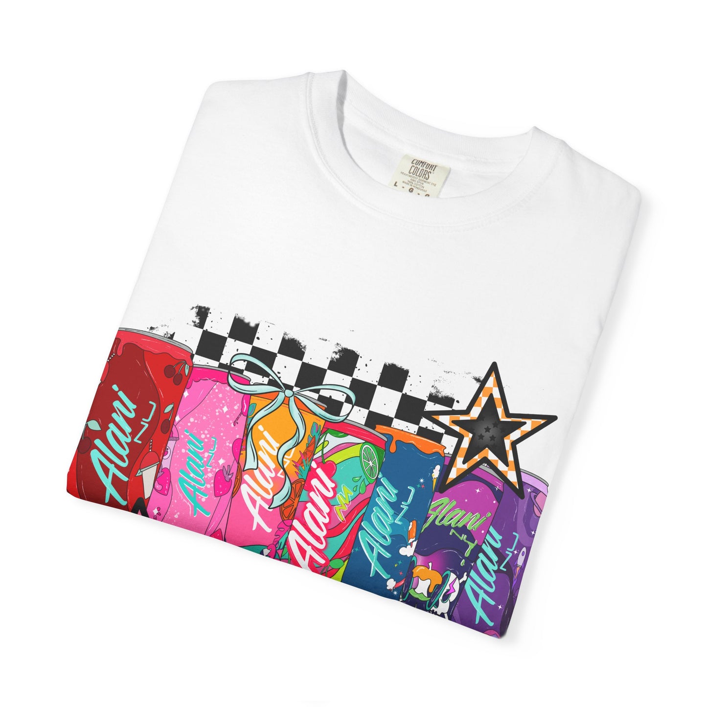 Retro Soda Can Graphic T-Shirt — Colorful Checkered Pop Art Tee