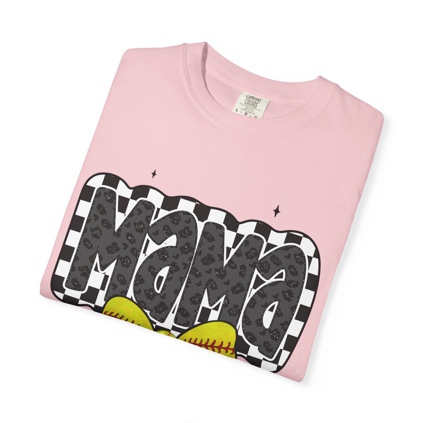 Mama Softball Mom T-Shirt — Checkerboard Script with Yellow Softball Bow