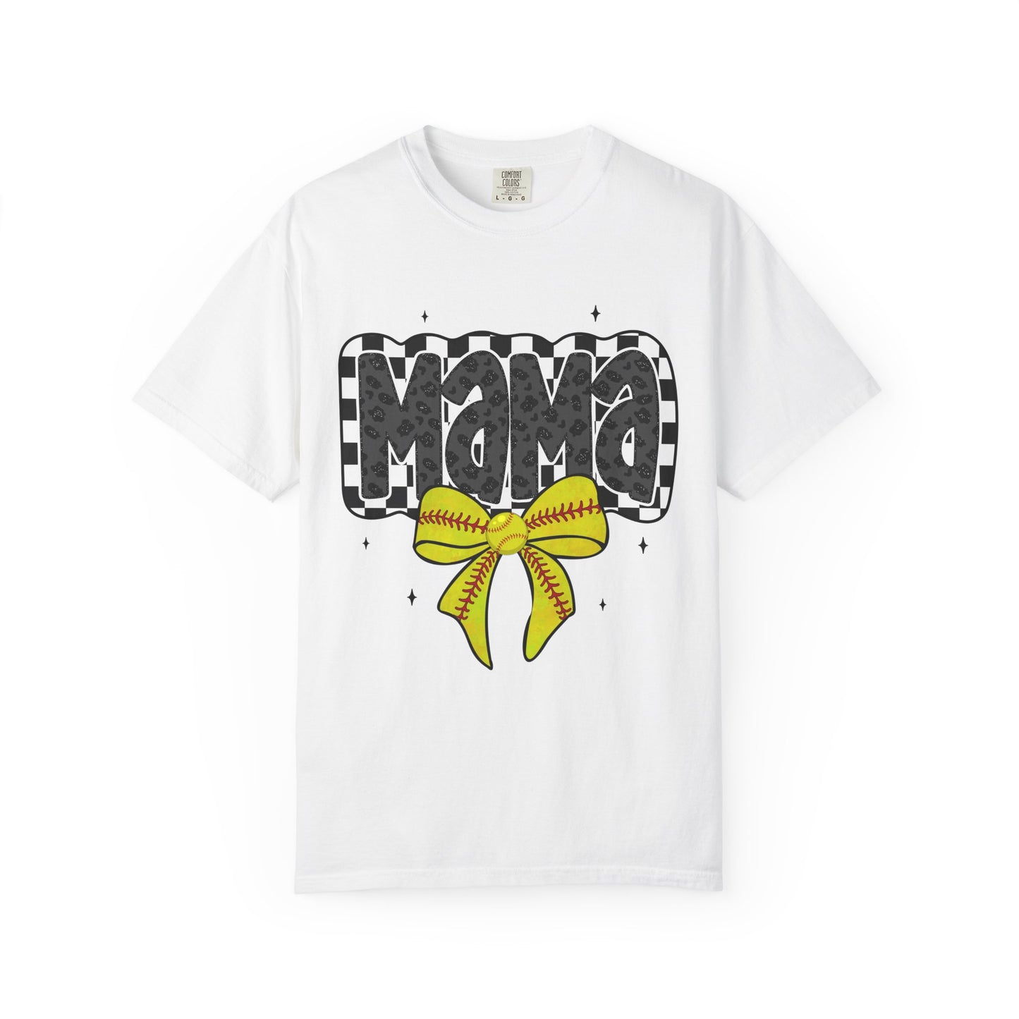 Mama Softball Mom T-Shirt — Checkerboard Script with Yellow Softball Bow