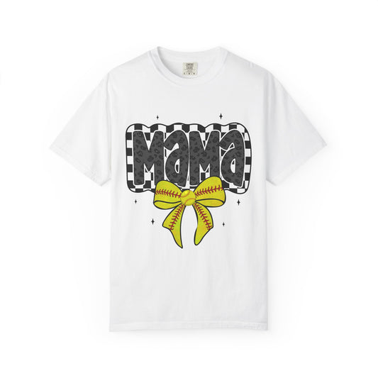 Mama Softball Mom T-Shirt — Checkerboard Script with Yellow Softball Bow
