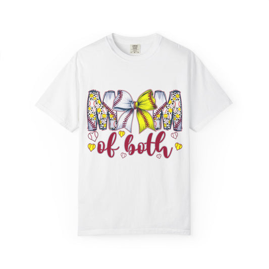 Mom of Both T-Shirt — Softball & Baseball Mom Tee with Floral Letters & Bow
