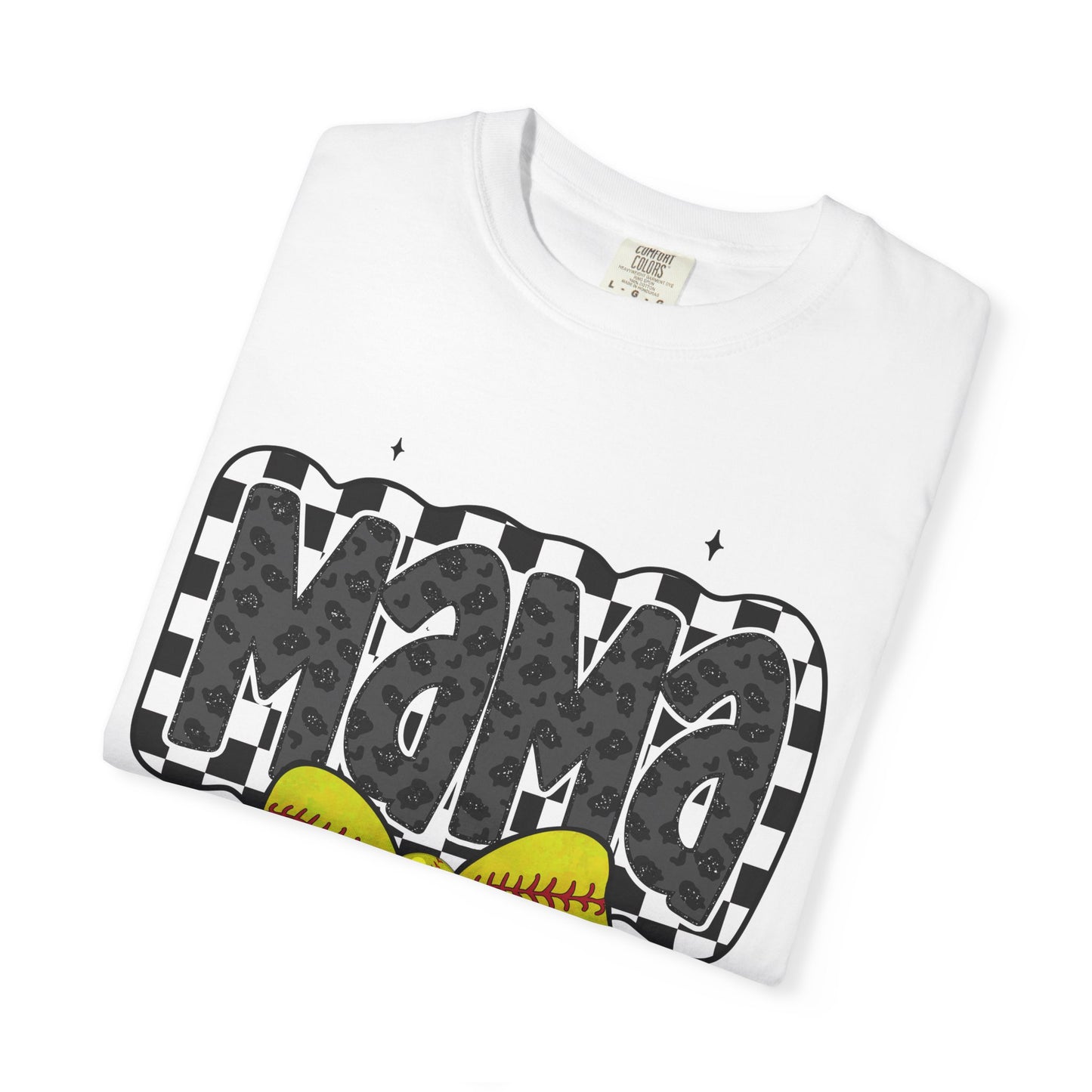 Mama Softball Mom T-Shirt — Checkerboard Script with Yellow Softball Bow