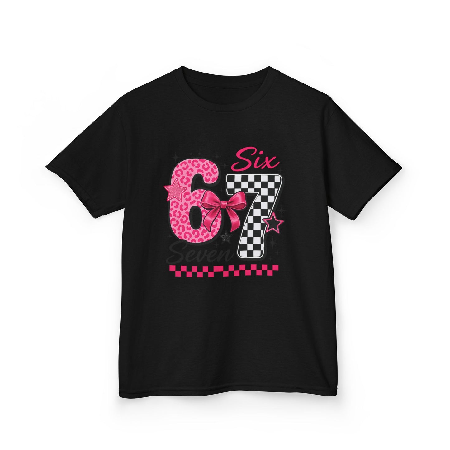 Kids 6-7 Tee — Pink Leopard & Checkered Number Graphic