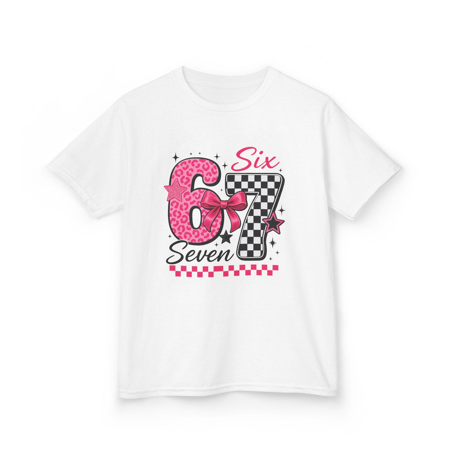 Kids 6-7 Tee — Pink Leopard & Checkered Number Graphic