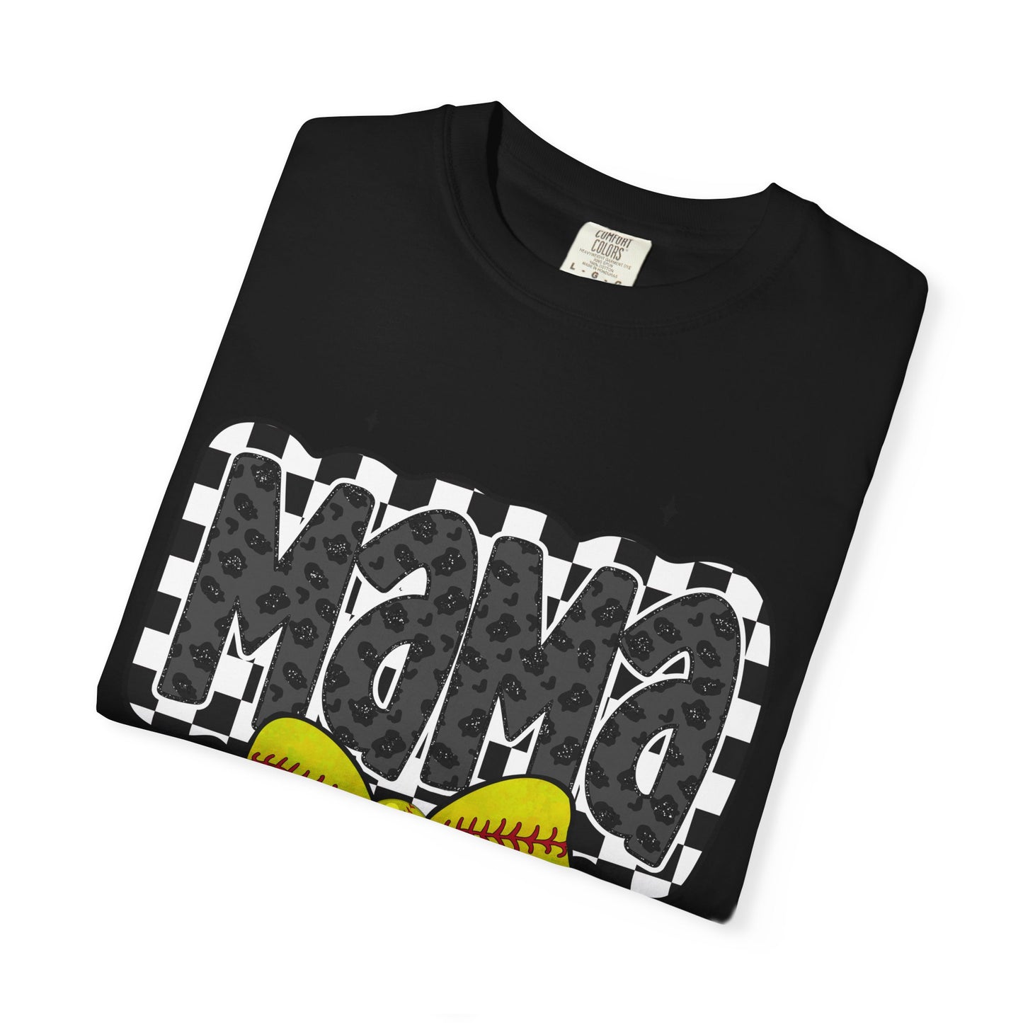 Mama Softball Mom T-Shirt — Checkerboard Script with Yellow Softball Bow