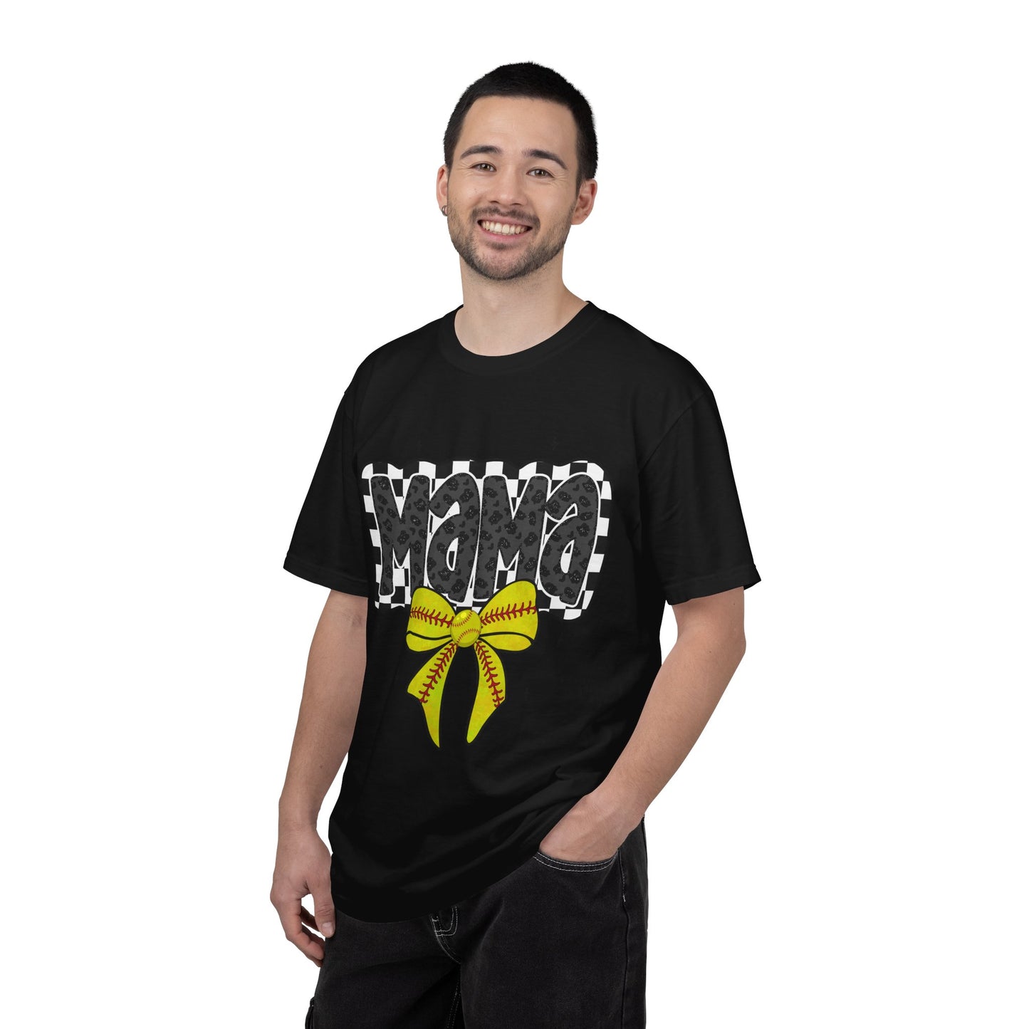 Mama Softball Mom T-Shirt — Checkerboard Script with Yellow Softball Bow